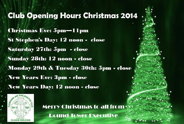 Club opening hours Christmas 2014