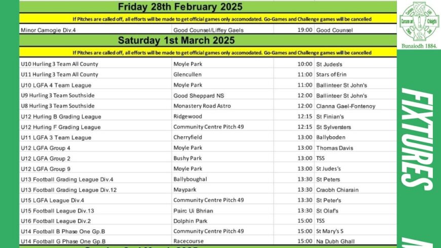 Fixtures for weekend of 1st / 2nd March