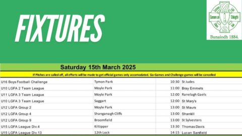 Fixtures for weekend of 15th/16th March