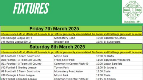 Fixtures for weekend of 7/8/9th March